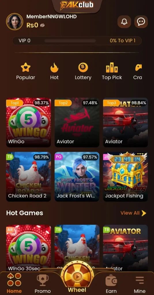 Pakclub game interface
